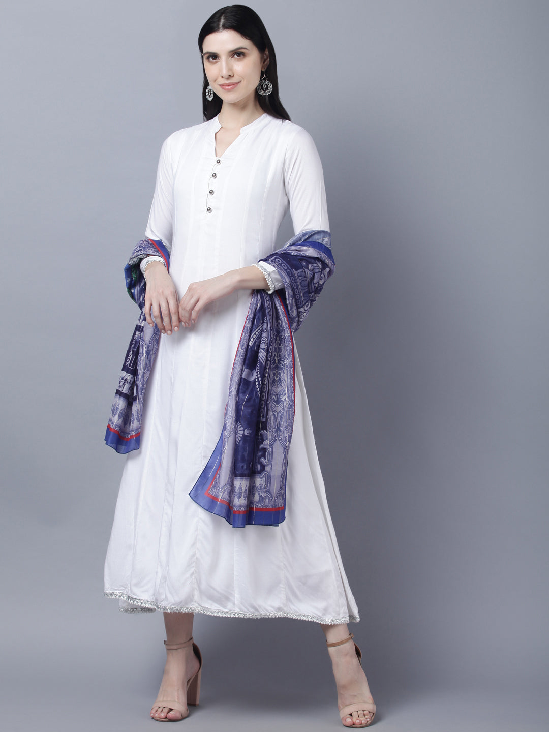 Women's White Anarkali Kurta With Dupatta