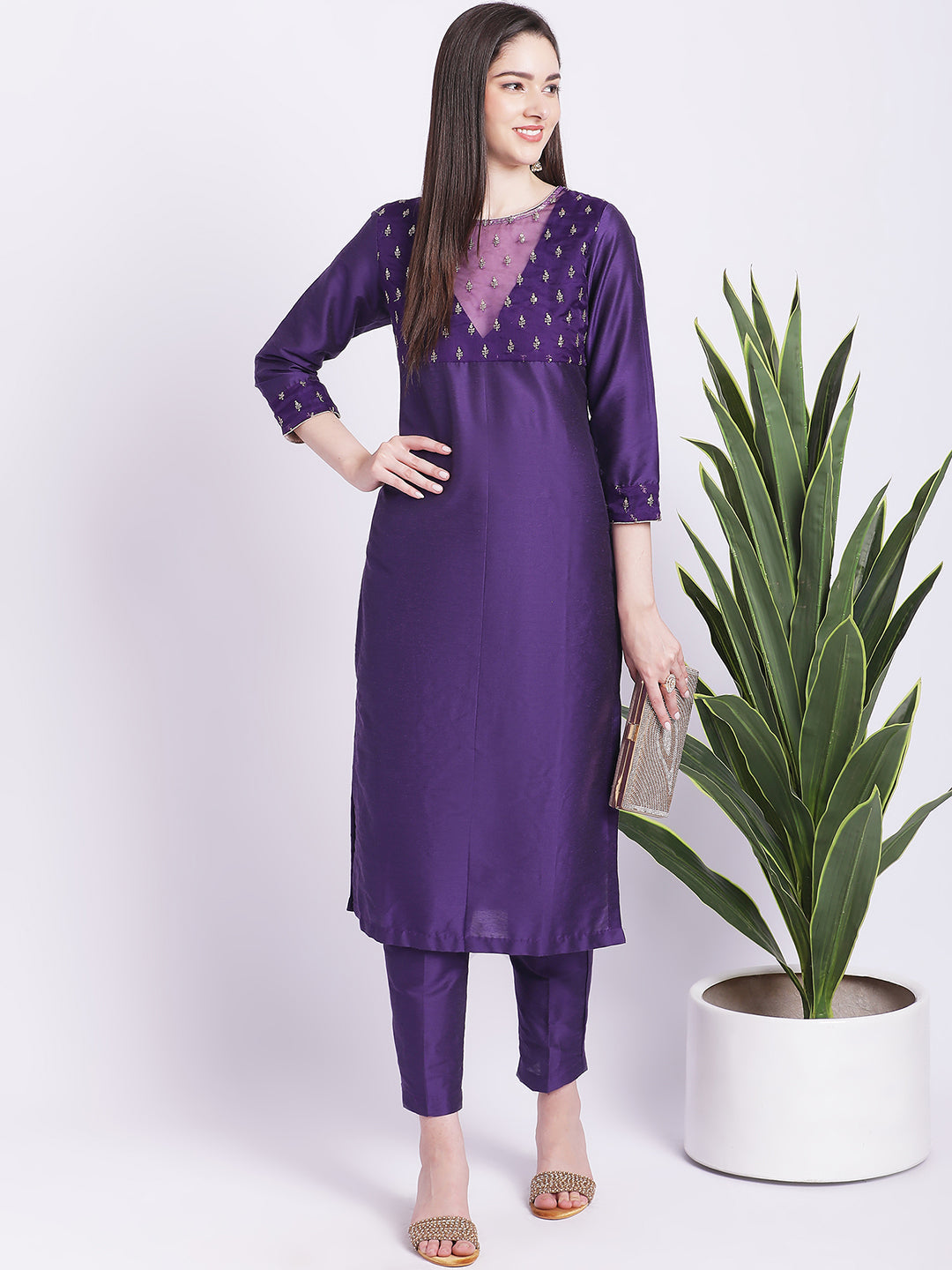 Women's Glowing Purple Straight Kurti With Straight Pants