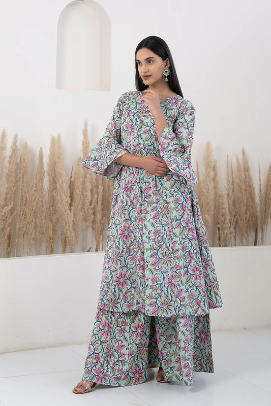 Blue Hand Block Printed Kurta Palazzo Set - (2Pcs Set)