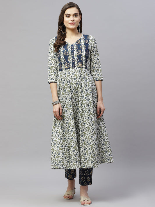 Women's Floral Printed Anarkali Pure Cotton Kurta With Palazzo Set