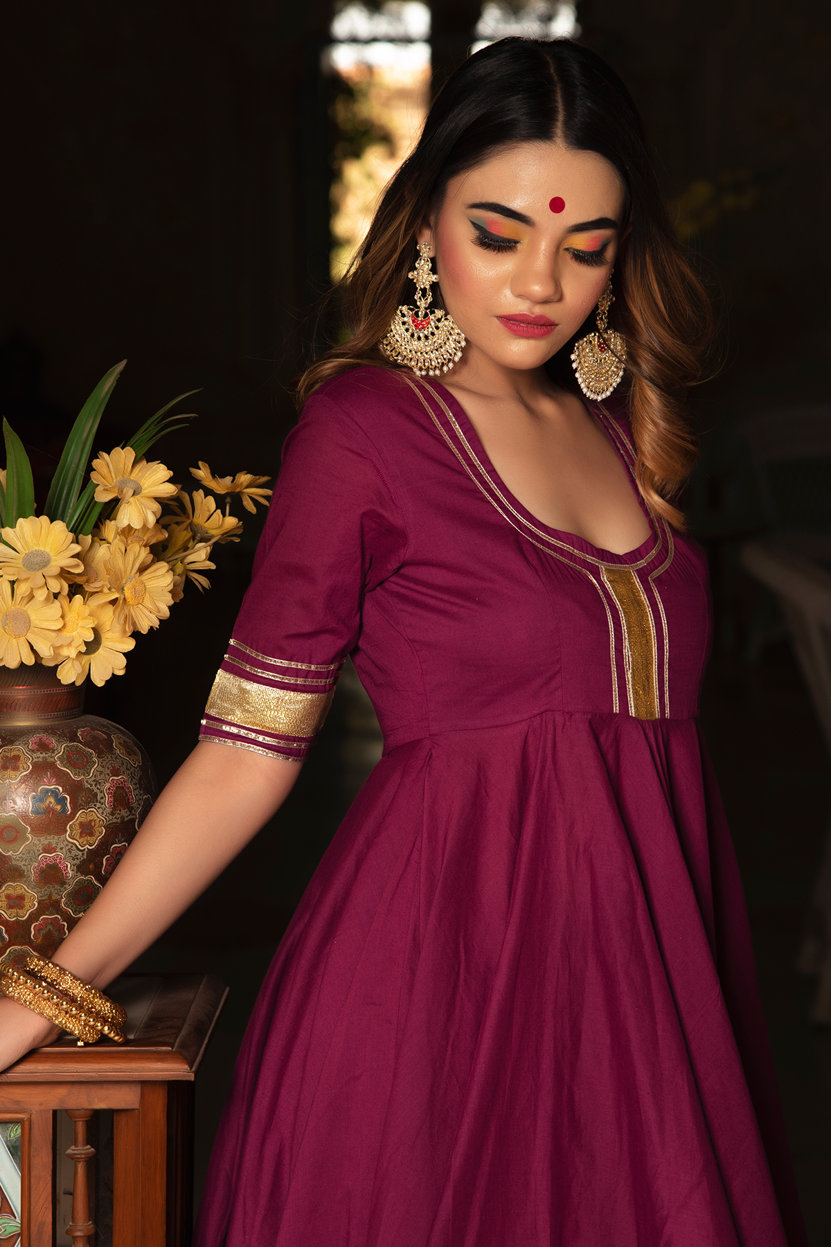 Women's BURGUNDY PURE COTTON ANARKALI SET - Pomcha Jaipur