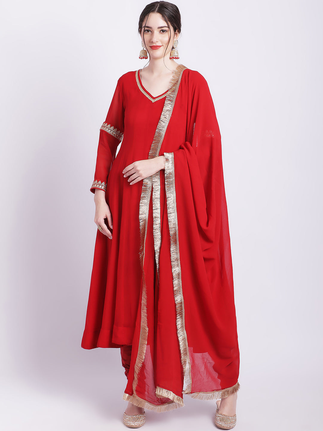 Women's Ruby Woo Georgette Border Anarkali With Churidar And Georgette Dupatta