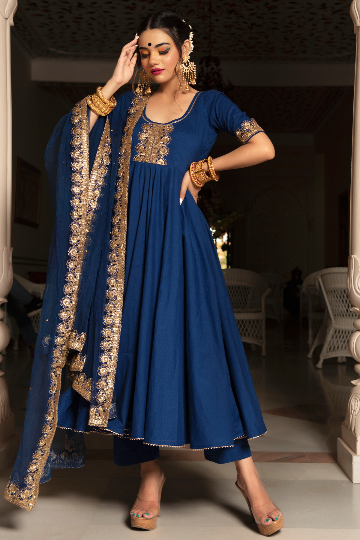 Women's Blue Anarkali suit with Dupatta by Pomcha Jaipur- (3pcs set)