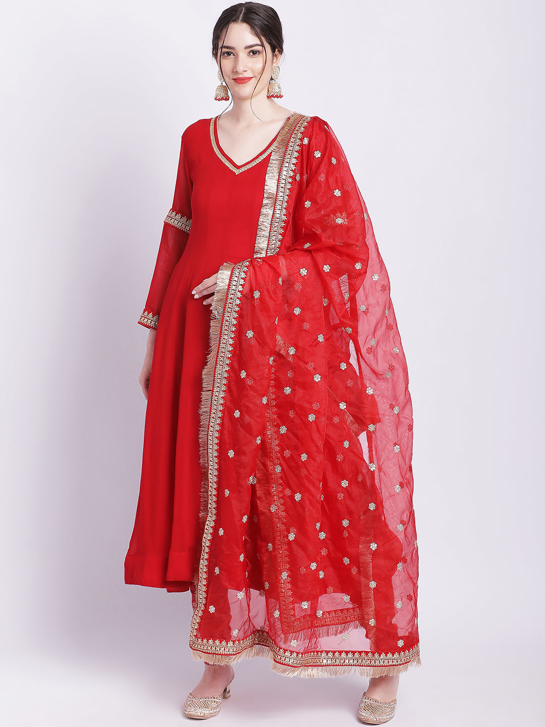 Women's Ruby Woo Georgette Border Anarkali With Churidar And Organza Dupatta