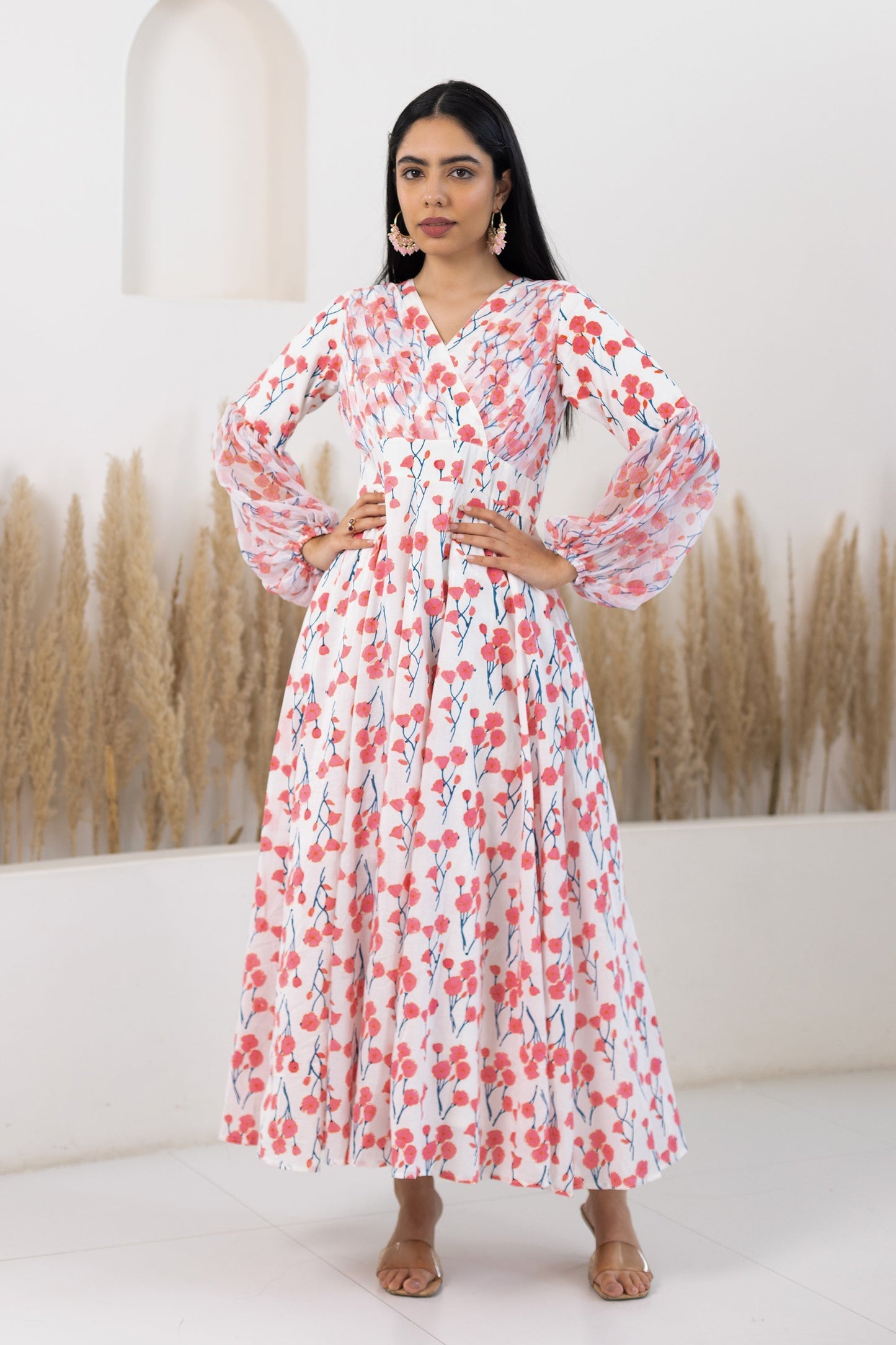 White Floral Printed Gown For Women - (1Pc Set)