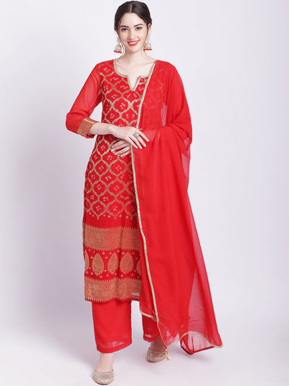 Women's Red Bandhej Bridal Kurti With Straight Palazzo Georgette Dupatta