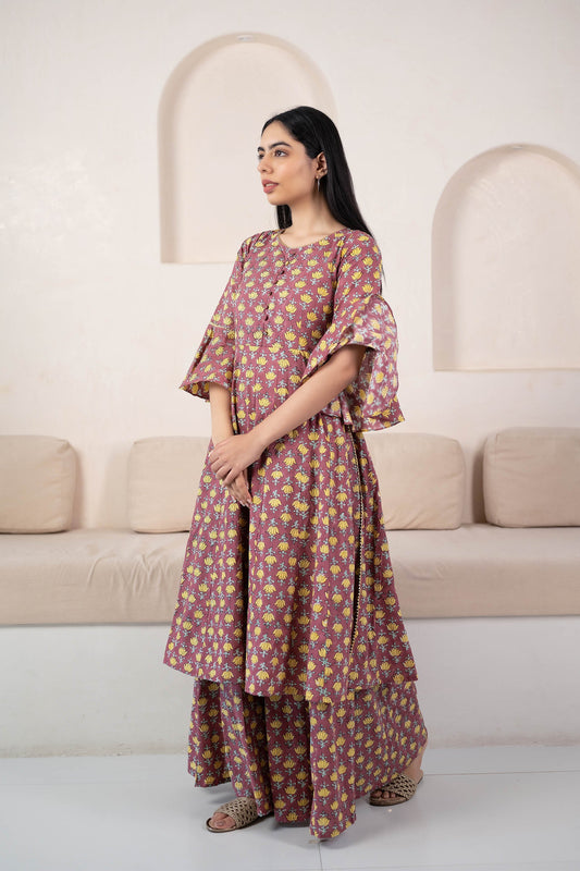 Brown Hand Block Printed Kurta Palazzo Set - (2Pcs Set)