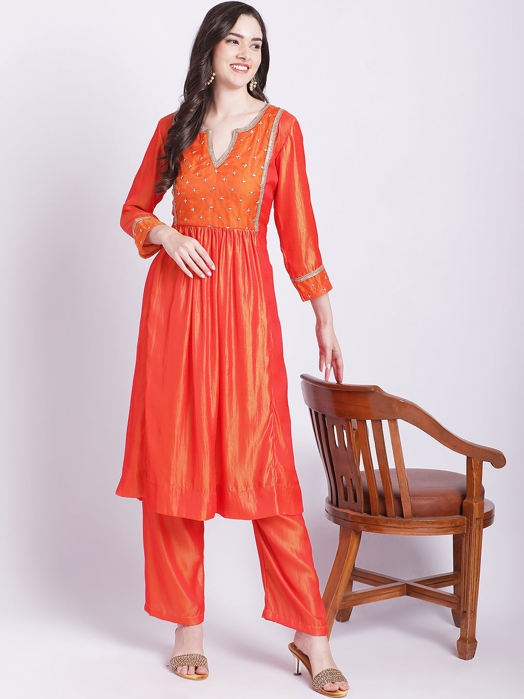 Women's Orange Punch A-Line Kurti With Straight Palazzo