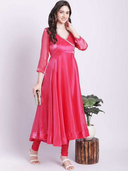 Women's Pink Dahlia Organza Anarkali With Churidar