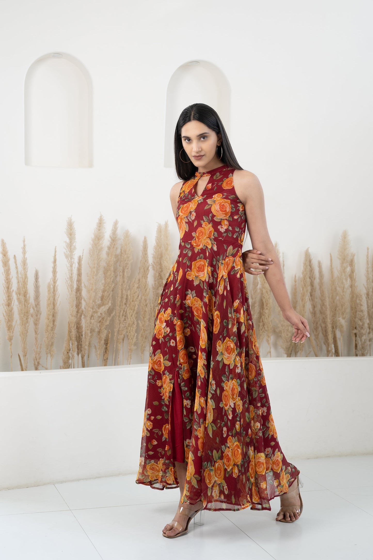 Women’S Brown Maxi Dress - (1Pc Set)