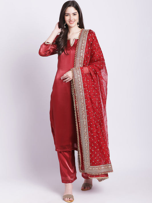 Women's Maroon Shine Organza Straight Kurti With Straight Palazzo And Embroidered Organza Dupatta