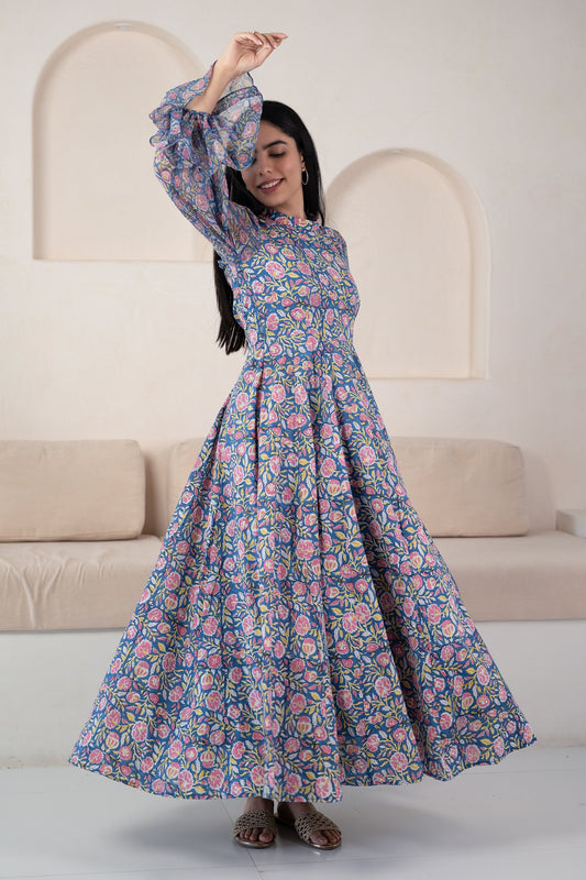 Blue Floral Printed Gown For Women - (1Pc Set)