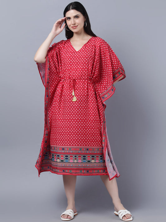 Women's Red  White Ethnic Motifs Printed Kaftan Midi Dress