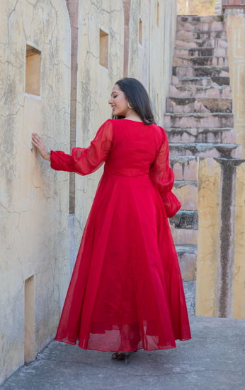 Women's Banno Hand Painted Bell Sleeves Red Gown