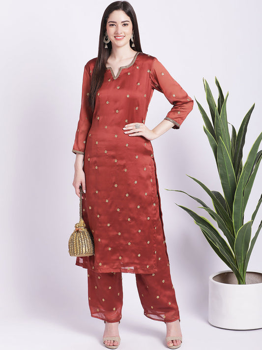 Women's Glam Rust Embroidered Kurti With Straight Palazzo