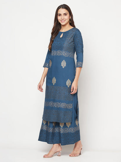 Women's Rayon Block print Straight Kurta palazzo set,Blue