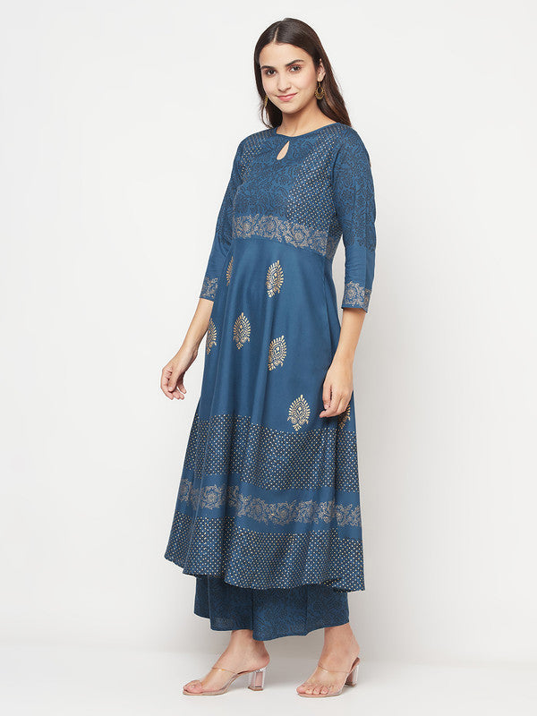 Women's Rayon Block print Anarkali palazzo set,Blue