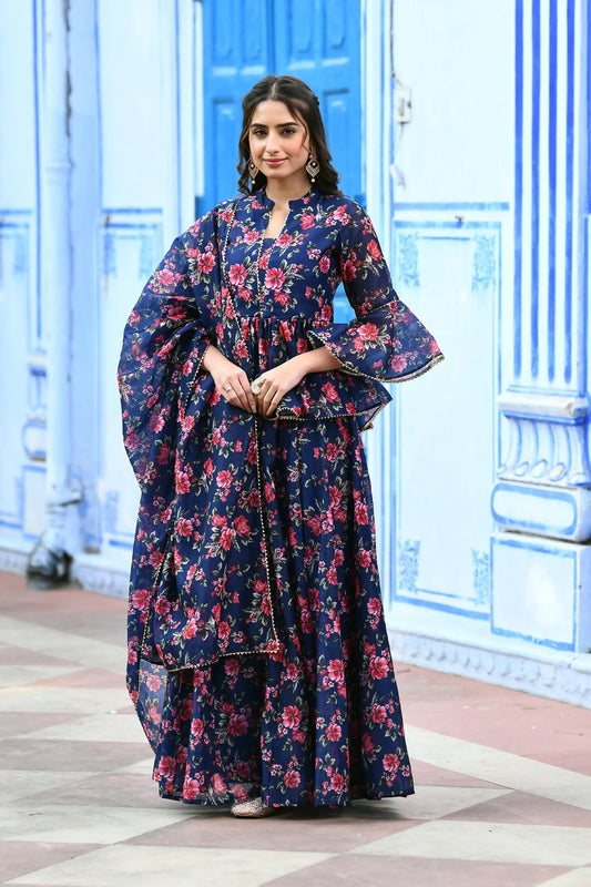 Women's Indigo Floral Print Lehenga Set   -3Pc Set