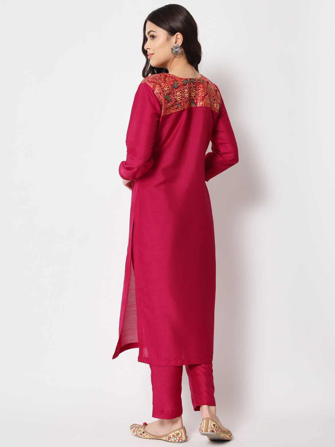 Women's Pink Jacket Style Straight Kurti With Pants