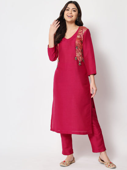 Women's Pink Jacket Style Straight Kurti With Pants