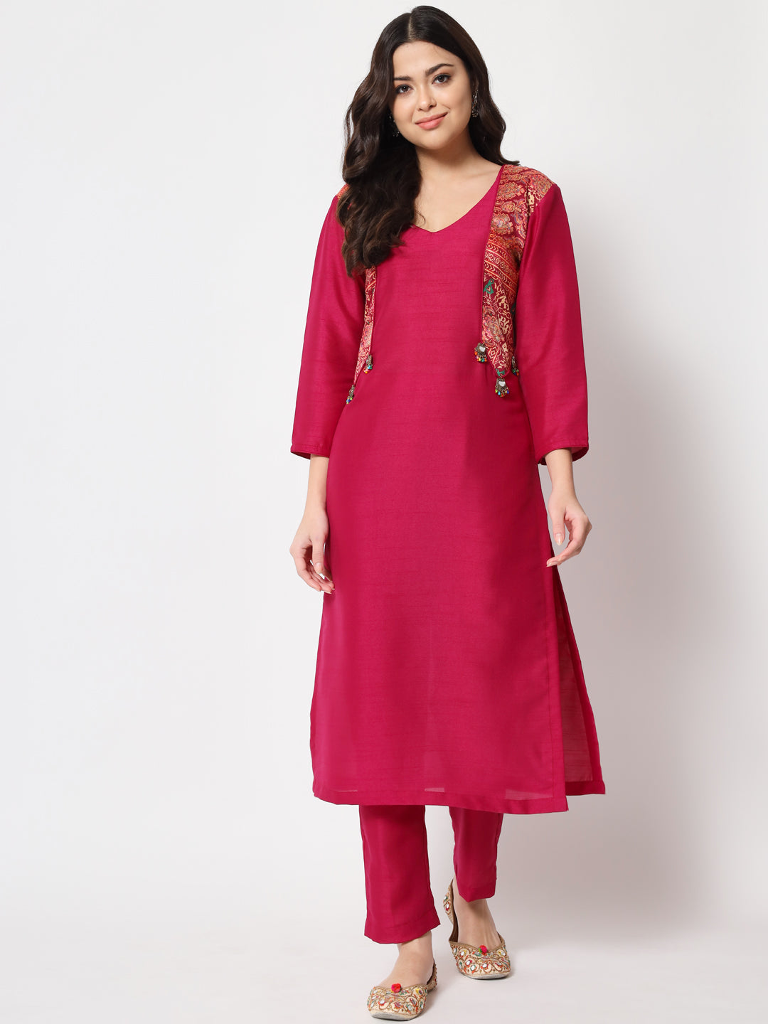 Women's Pink Jacket Style Straight Kurti With Pants