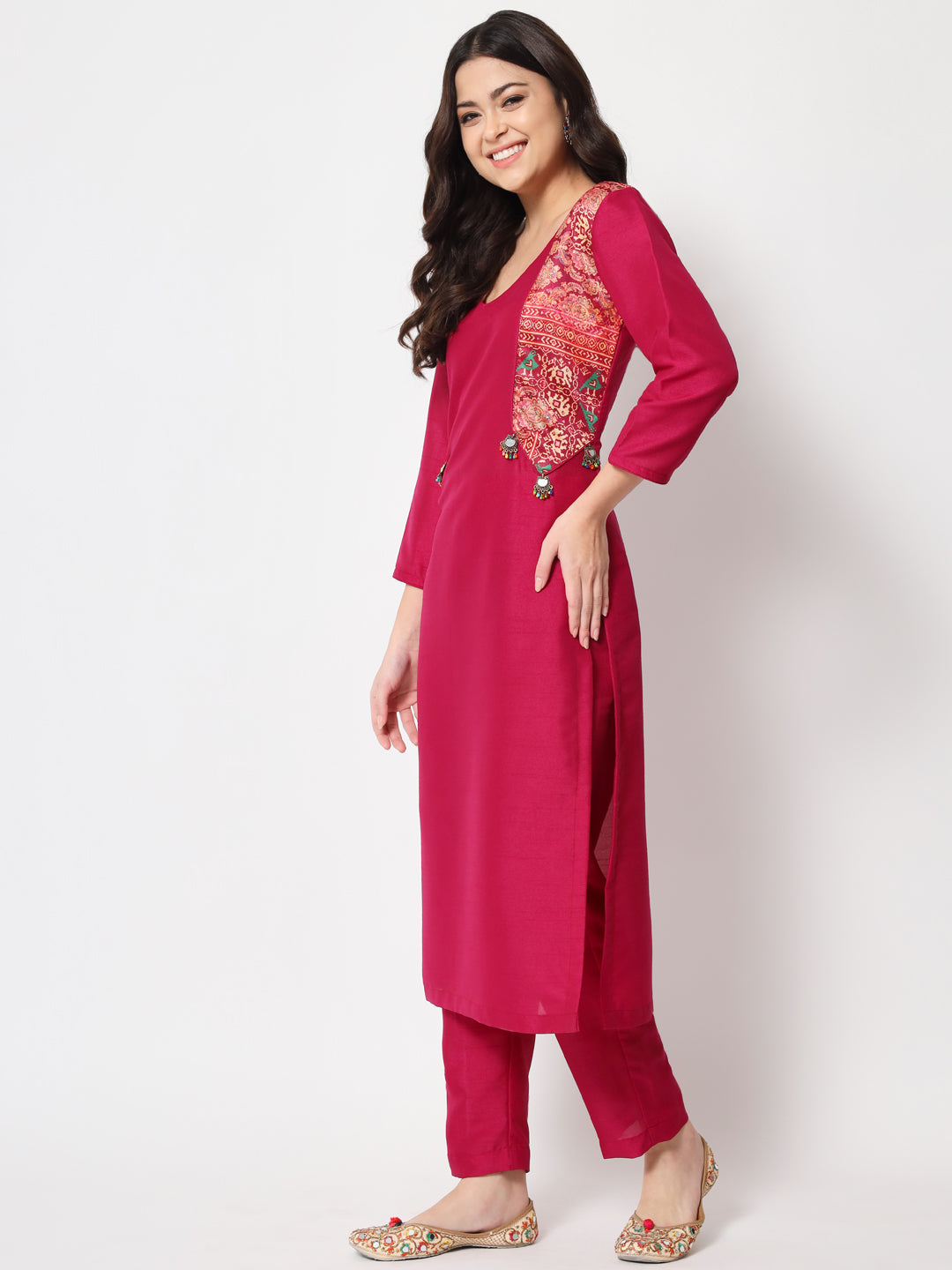 Women's Pink Jacket Style Straight Kurti With Pants