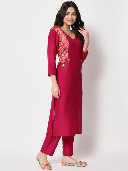 Women's Pink Jacket Style Straight Kurti With Pants