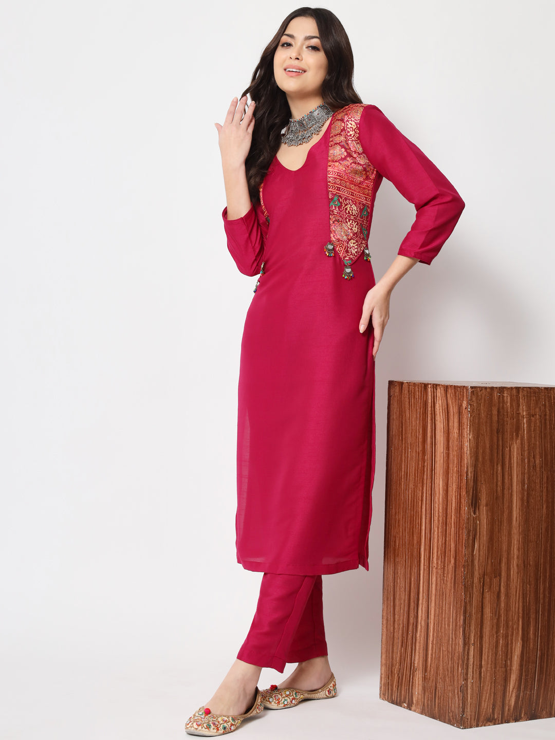 Women's Pink Jacket Style Straight Kurti With Pants