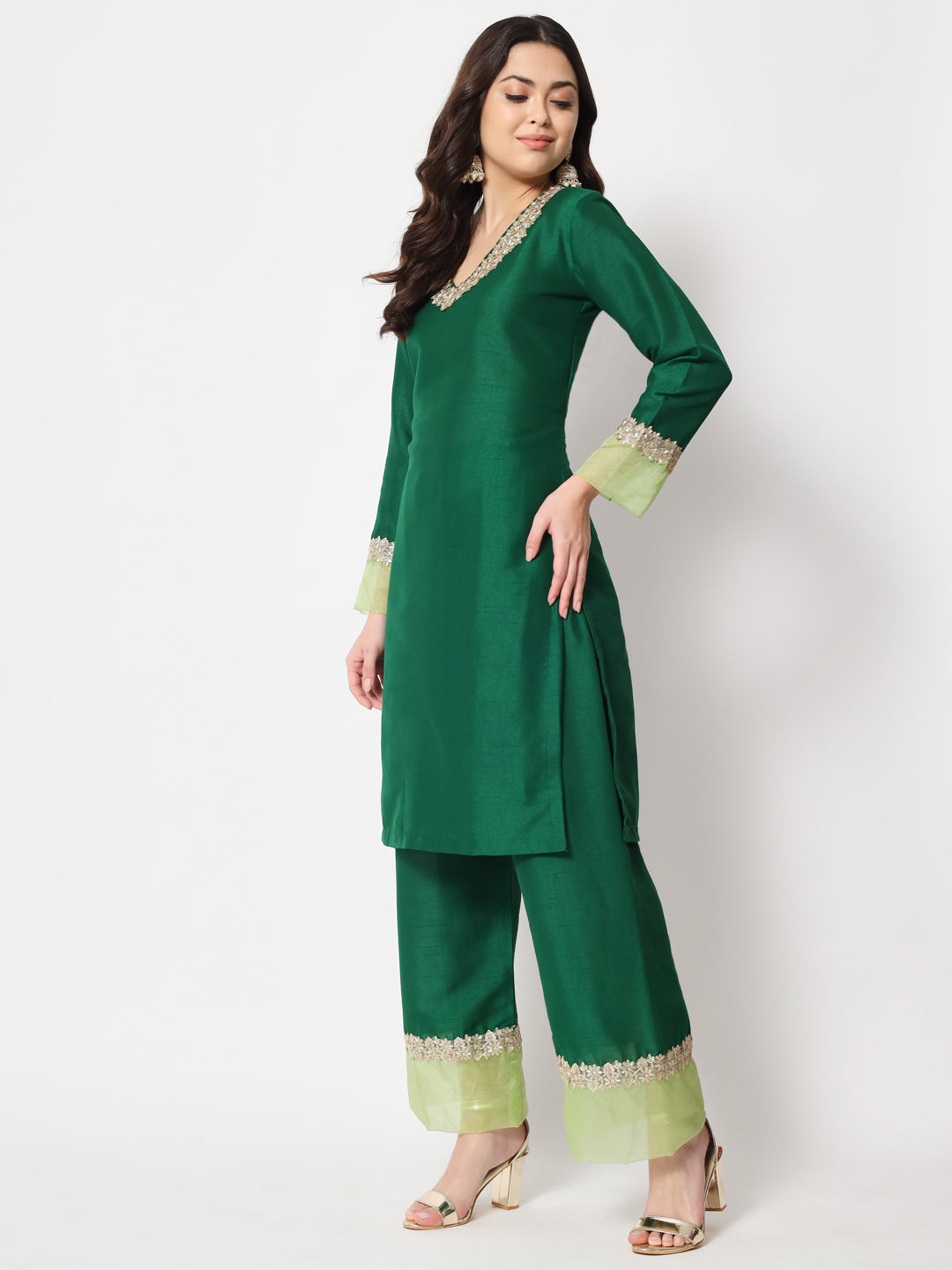 Women's Dazzling Green Straight Kurti With Straight Palazzo