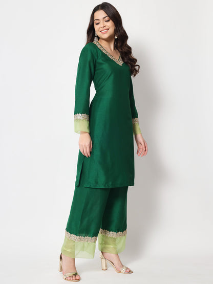 Women's Dazzling Green Straight Kurti With Straight Palazzo