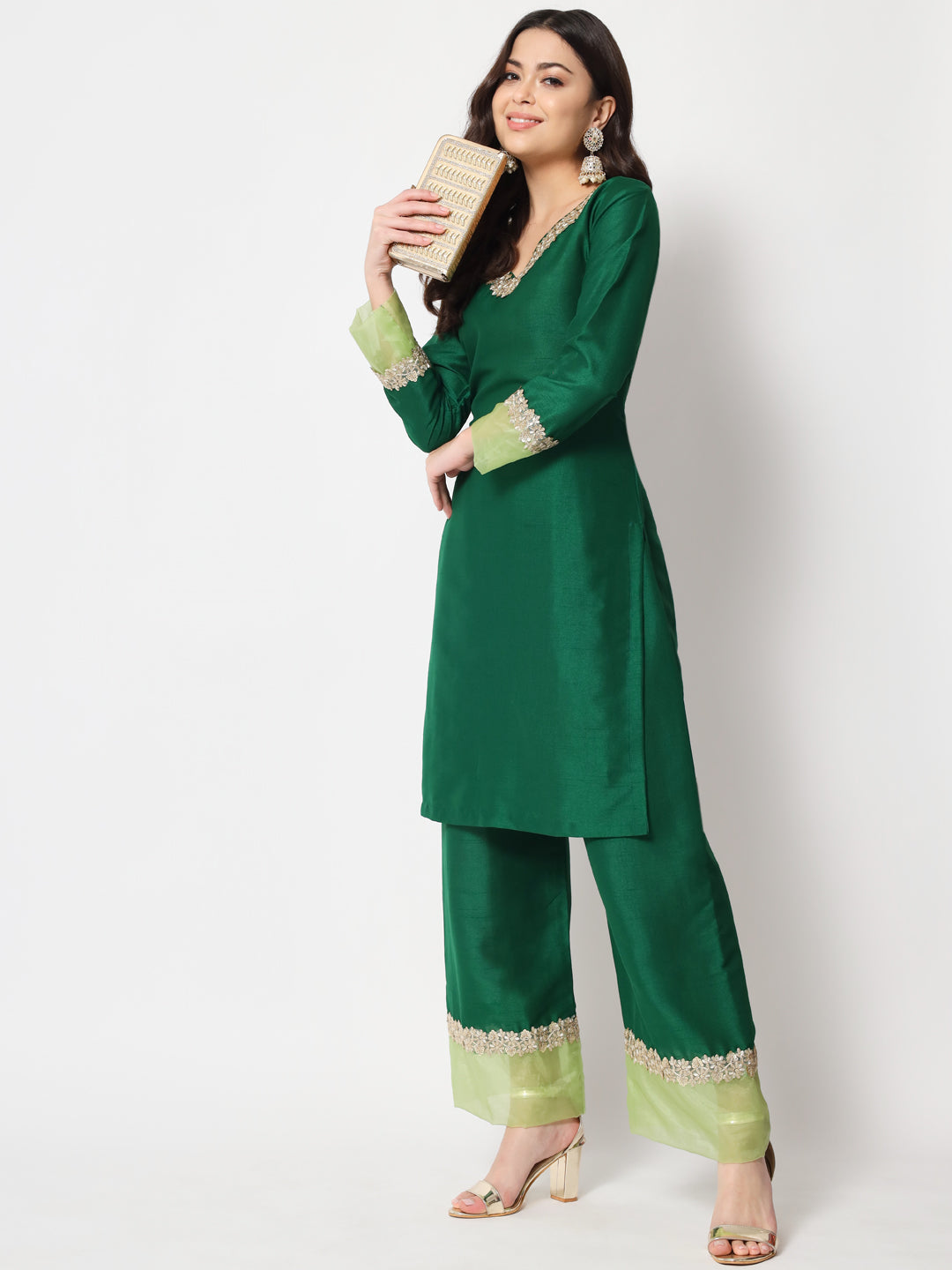 Women's Dazzling Green Straight Kurti With Straight Palazzo