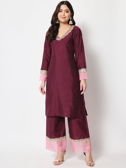 Women's Dazzling Wine Straight Kurti With Straight Palazzo