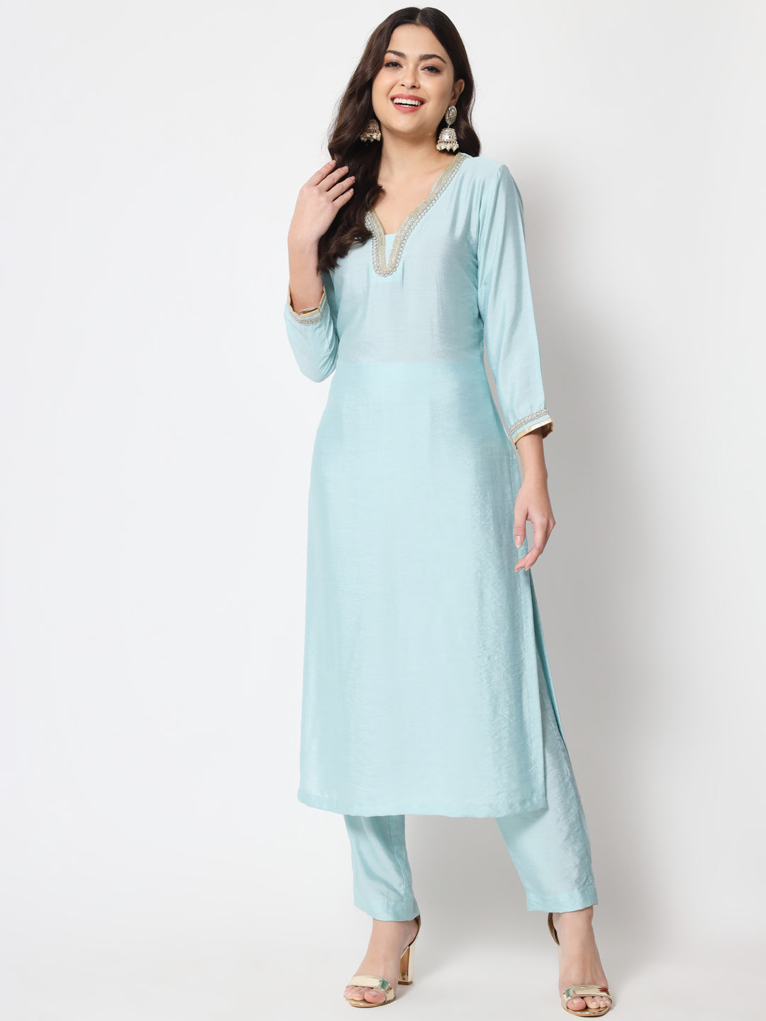 Women's Blue Smiles Straight Kurti With Pants