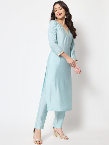 Women's Blue Smiles Straight Kurti With Pants And Dupatta