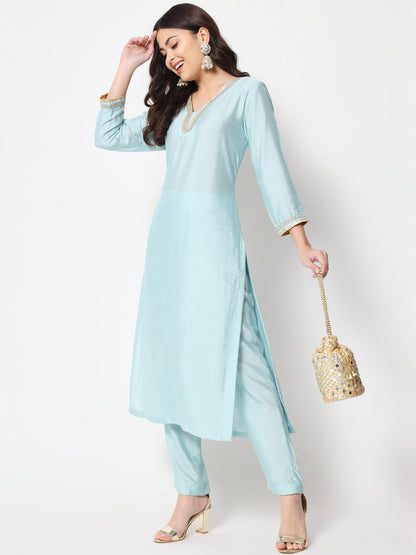 Women's Blue Smiles Straight Kurti With Pants