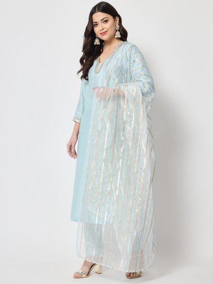 Women's Blue Smiles Straight Kurti With Pants And Dupatta