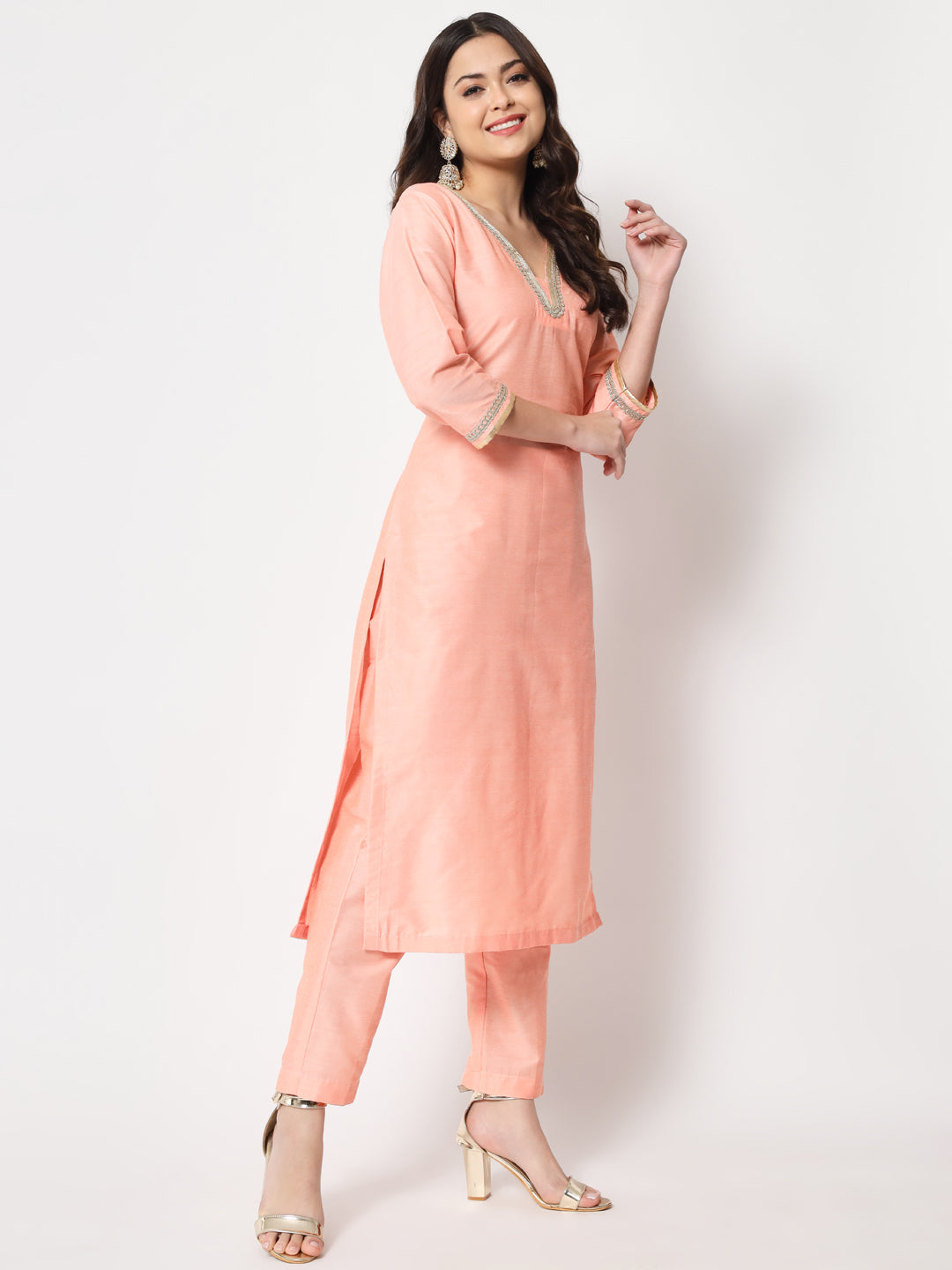 Women's Peach Smiles Straight Kurti With Pants And Dupatta