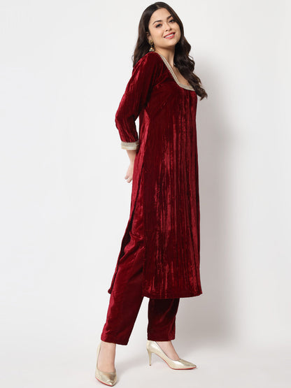 Women's Sangria Maroon Velvet Straight Kurti With Pants And Dupatta