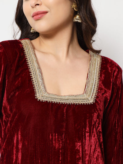 Women's Sangria Maroon Velvet Straight Kurti With Pants And Dupatta