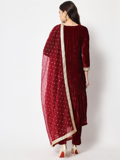 Women's Sangria Maroon Velvet Straight Kurti With Pants And Dupatta