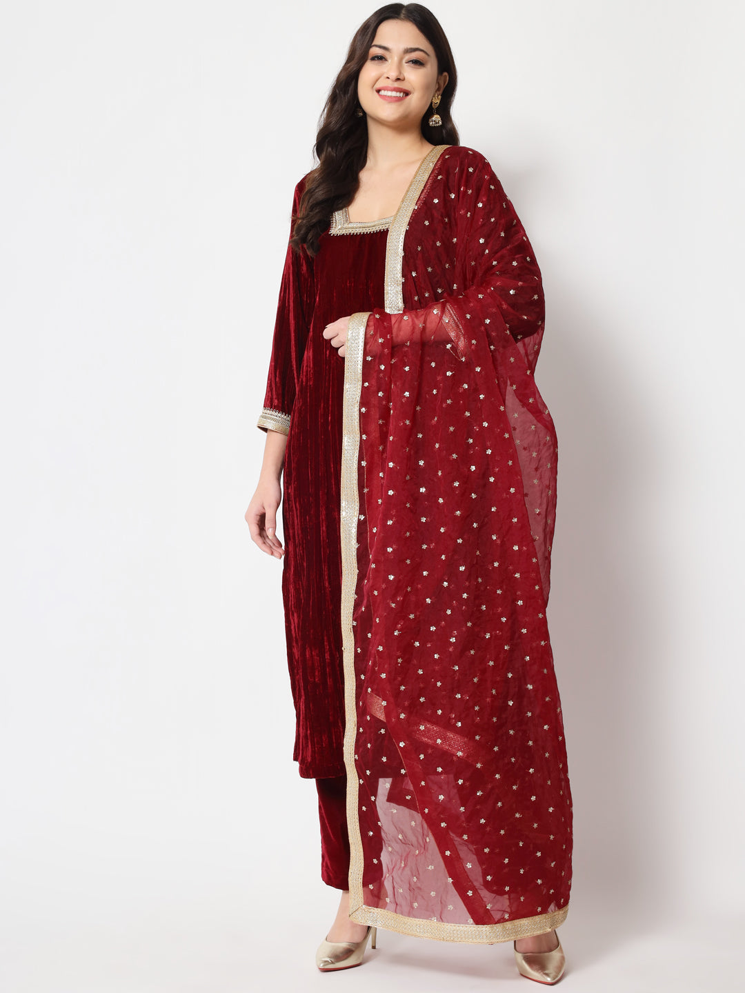 Women's Sangria Maroon Velvet Straight Kurti With Pants And Dupatta