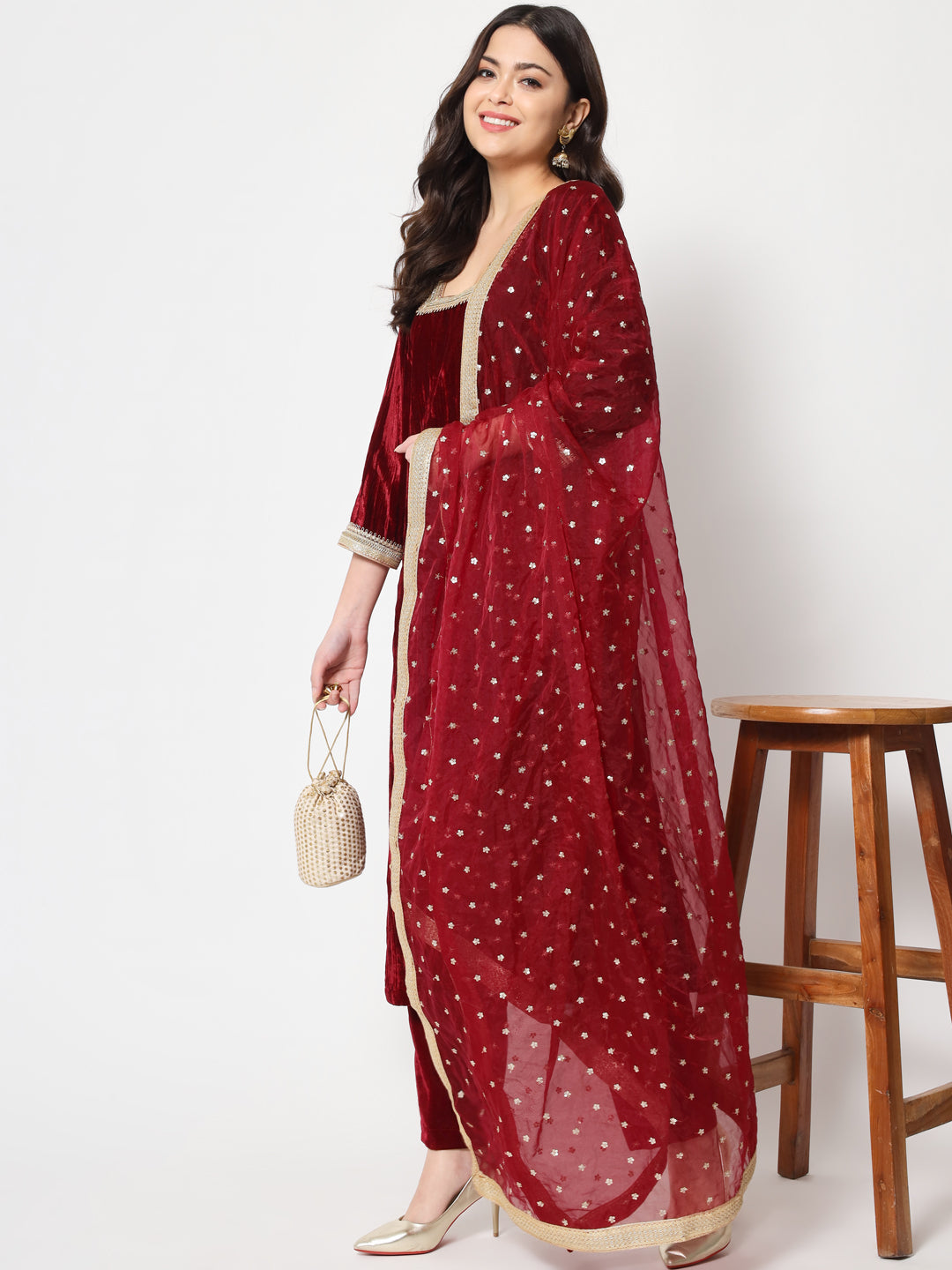 Women's Sangria Maroon Velvet Straight Kurti With Pants And Dupatta