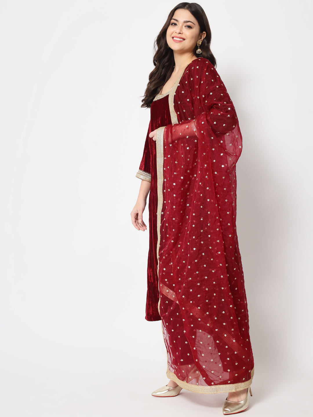 Women's Sangria Maroon Velvet Straight Kurti With Pants And Dupatta