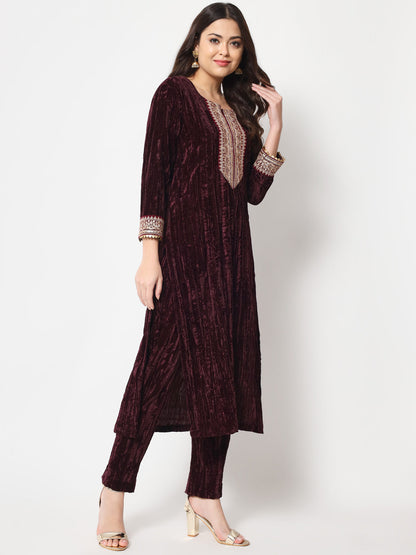 Women's Wine Love Velvet Straight Kurti With Pants And Dupatta