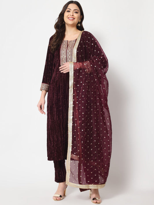 Women's Wine Love Velvet Straight Kurti With Pants And Dupatta