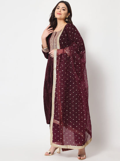 Women's Wine Love Velvet Straight Kurti With Pants And Dupatta