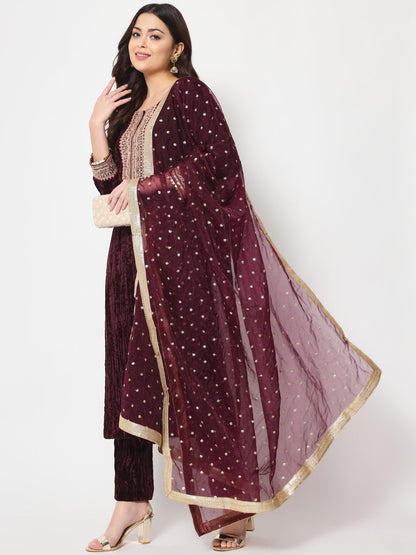 Women's Wine Love Velvet Straight Kurti With Pants And Dupatta