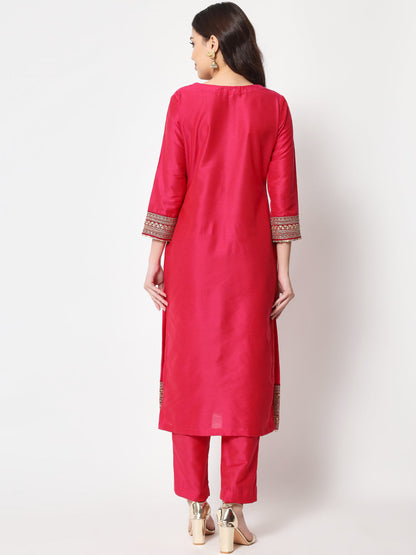 Women's Traditional Bridal Pink Embroidered Straight Kurti With Pants