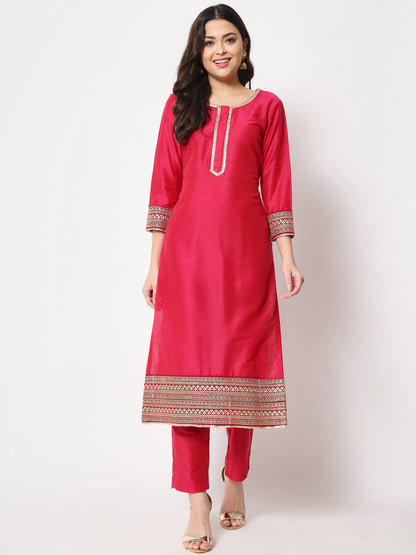 Women's Traditional Bridal Pink Embroidered Straight Kurti With Pants