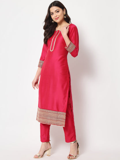 Women's Traditional Bridal Pink Embroidered Straight Kurti With Pants